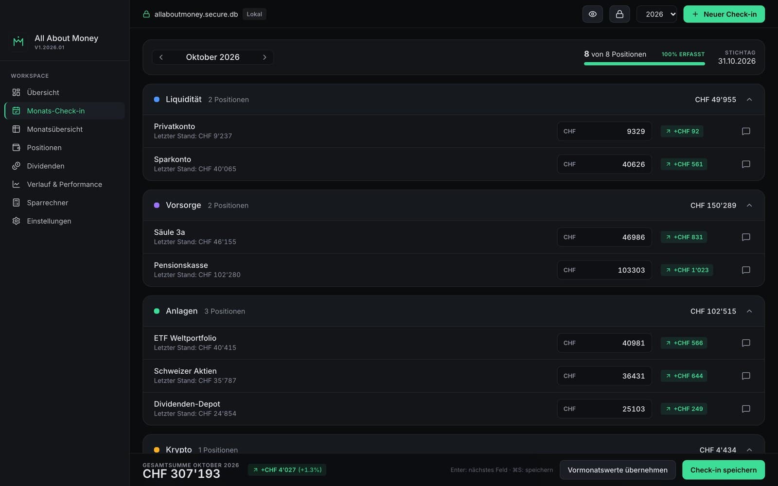 Monats-Check-in: einmal im Monat das Total je Position